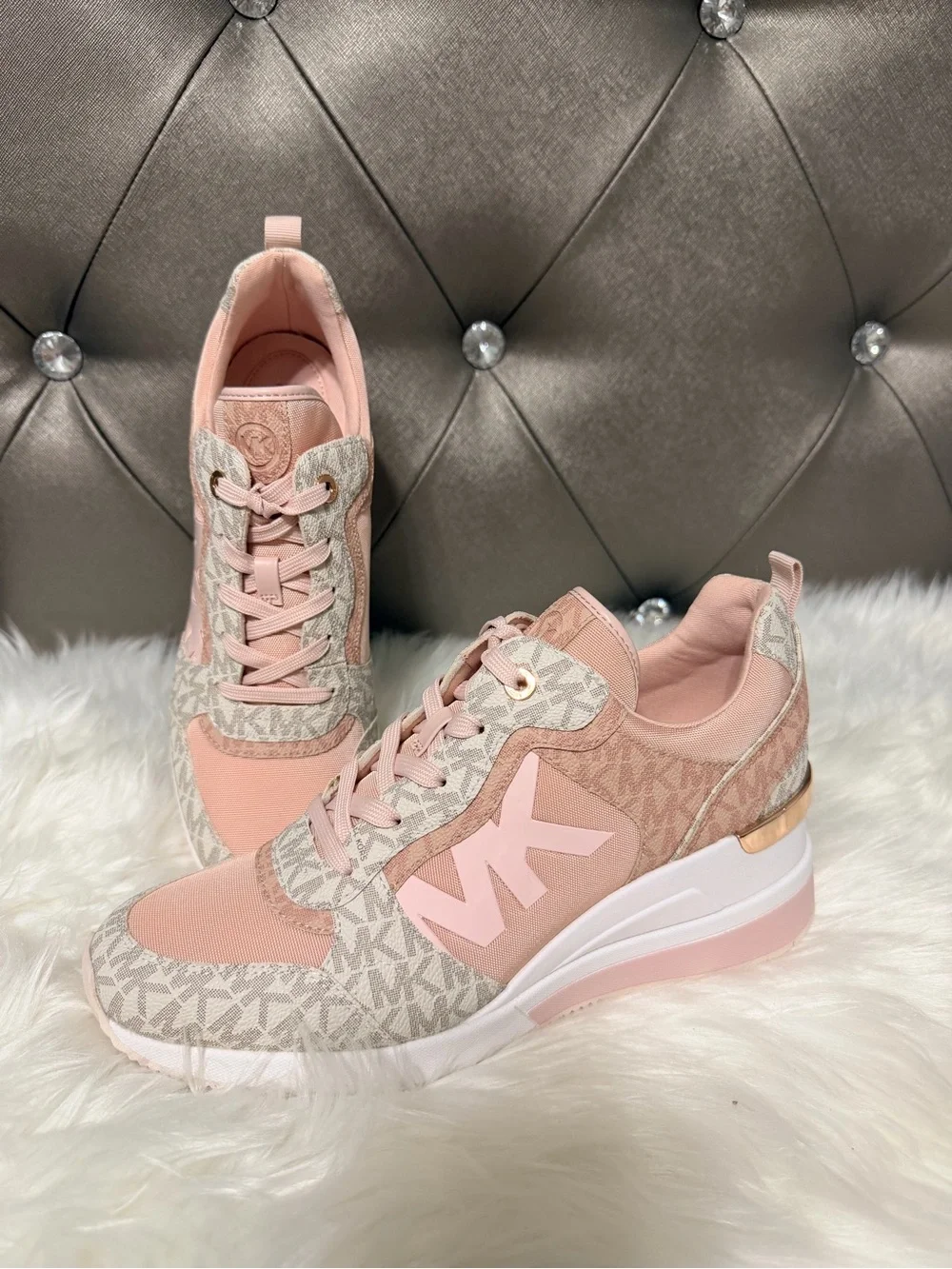 Michael Kors Crista Trainer Blush Pink MK Logo Wedge Sneakers